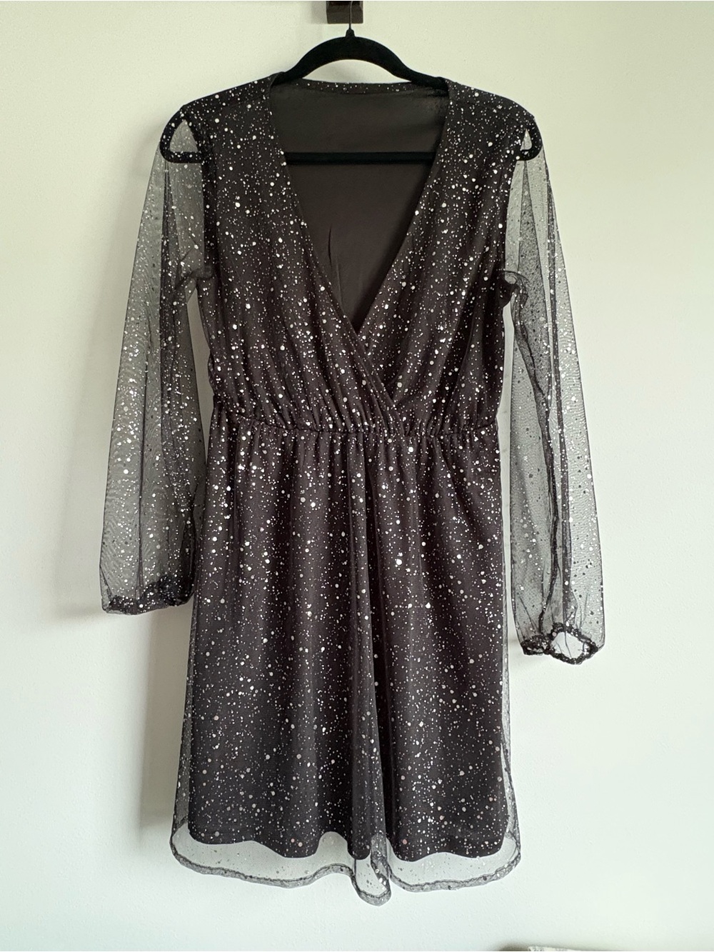 Black Sparkle Mesh Long-Sleeve V-Neck Dress